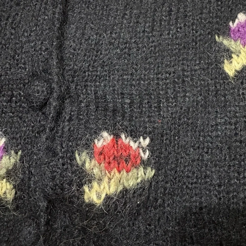Vtg Cambridge Mohair Blend Floral Cardigan Sweater Sz PM Black Button Front